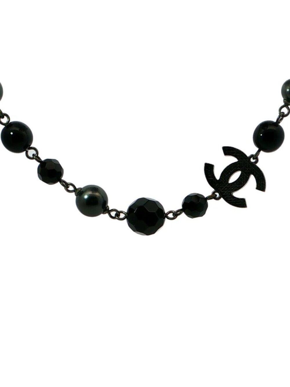 Chanel Costume Pearl CC Logo Long Necklace Pendant Alloy Black